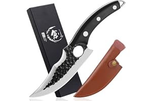 DREAM REACH Cuchillo para deshuesar Martillo forjado a mano Hoja de textura para exteriores / cuchillo de chef Cuchillo de carnicero de mango curvo de espiga completa para filetear / cuchillo con funda de cuero
