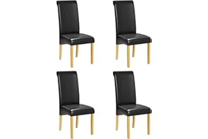 1home Set of 4 Faux Leather Dining Chairs Roll Top High Back with Solid Wooden Legs Oak Finish for Home & Commercial Living Room Bedroom Kitchen Restaurants (Black)