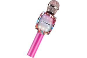DYNASONIC Microphone karaoké Bluetooth Jouets pour garçons et filles Microphone sans fil karaoké portable avec lumières LED pour enfants, cadeaux originaux enfants (DM-05 Pink)