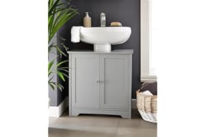 FEFE Grey Under Sink Free Standing 2 Door Wooden Bathroom Vanity Unit Basin Cabinet Cupboard Shelf Floor