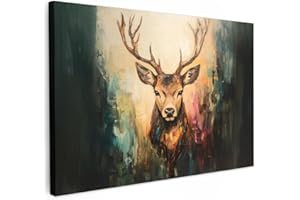 MuchoWow© Leinwandbilder Groß 120x80 cm XXL Wall Art Decoration Bilder für die Wand Schlafzimmer Deko Canvas Painting Wanddekoration Wohnzimmer Hirsch - Gemalt - Geweih - Braun