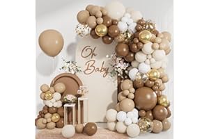 CBODECO Brown Balloons Arch Garland Kit, Different Sizes 18 12 10 5 Inch Brown Nude Gold Boho Neutral White Latex Metallic Confetti Balloon for Bear Baby Shower Safari Birthday Party Decorations
