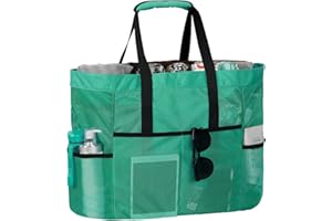 LIVACASA Bolsa de Playa Malla Grande Ligero con Cremallera Multi Bolsillos Cuerdas Antideslizante para Verano Piscina Playa