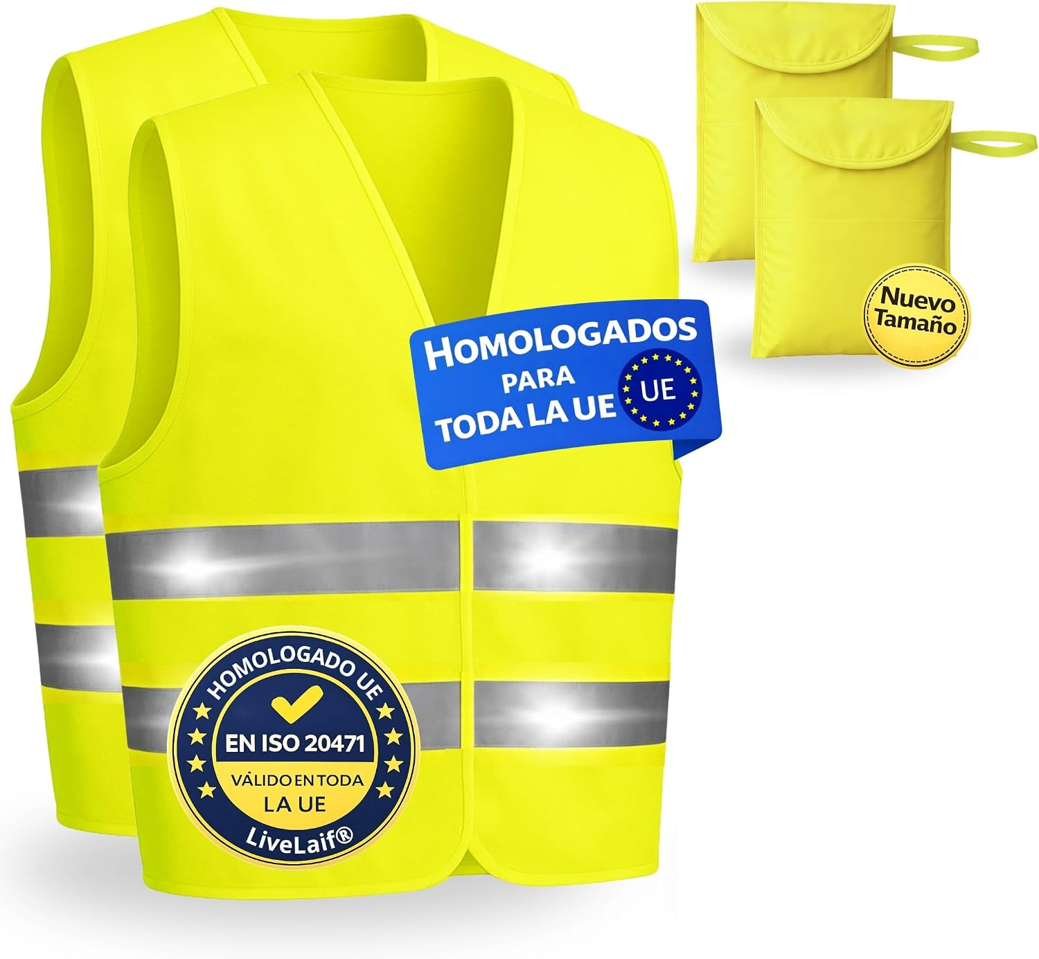 LiveLaif Pack 2 Chaleco Reflectante Homologado DGT ISO 20471 + 2 Fundas Grandes | Chaleco Trabajo Alta Visibilidad Amarillo | para Coche, Moto, Obra y Emergencias | Talla Única Unisex