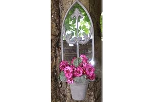 Yoicn Lth Arched Garden Mirror with Hanging Pot, Black Iron Frame, 60L x 21W cm, Wall Mount