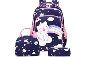 Kimwadalh Mochila Niñas Gato Kawaii Escolar con Set 3 en 1 - Diseño Unicornio Infantil para Primaria - Backpack