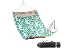 Bathonly Große Outdoor Hängematte für 2 Personen, 3m doppelhängematte, Gesteppte Stoffschaukel mit Faltbarer, gebogener Stange, abnehmbarem Kissen, Tragetasche, bis 204 kg belastbar, Blueleaves