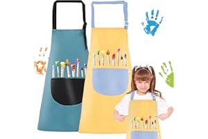 BGTLJKD 2 Stück Malschürze Kinder, Kinder Schürzen Set mit Taschen, Verstellbare Kleinkind Kochschürze, Kochschürze Kinder Jungen Mädchen für Basteln Malen Backen Kochen (Gelb + Grün)