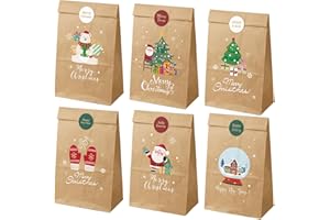 Dohe - Sacs Cadeaux de Noël (12 pcs) - Papier Kraft Marron, 12 Autocollants de Fermeture, Petit Format 12x22 cm, 6 Designs, Réutilisables pour Fêtes, Anniversaires, Bonbons, Biscuits, Friandises