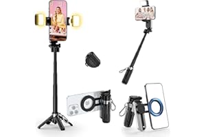 CloudValley Magnetisches Mini Selfie Stick Stativ mit 2 Lichtern, 4-in-1 Tragbares Handy Stativ mit 360° Rotation, Abnehmbare Bluetooth Fernbedienung, Faltbarer Griff für iPhone Android Vlog/Foto