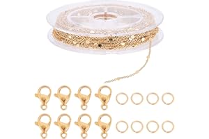 Beebeecraft 10M/32.8 Feet Chaînes Plaquées Or 18K pour la Fabrication de Bijoux Chaîne de Câble à Maillons Ronds Plats avec 20 fermoirs à Pince de Homard et 50 Anneaux de Saut