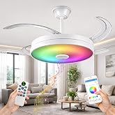 FAN PROJECT Ceiling Fan with Music &ndash; 108 cm Wide with Retractable Blades, LED and RGB Light &ndash; Quiet with Lamp and Modern, Mul
