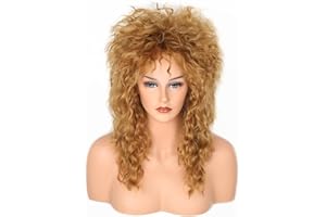 LeMarnia 80er Jahre Rocker Perücke Braun Vokuhila Perücke für Damen Rock Diva Kostüm Perücke(27/30Y)