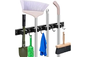 YA MI Mop holder, broom holder, stainless steel wall hanging tool storage device with 4 hooks in 4 positions, suitable for home bathrooms, kitchens, and gardens