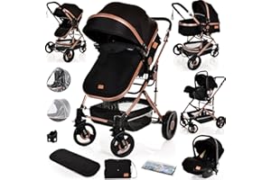 LIBREBON Baby Buggy Pram Pushchair 3 in 1 Child Lightweight Folding Stroller One Size Ffts All 3 in 1 Travel System Pram for Newborns & Toddlers 0-36 Months from Birth (Black - Rose Gold Frame)