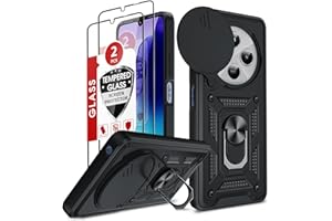 LeYi Coque pour Xiaomi Redmi 14C/14 C/POCO C75 4G Antichoc avec 2*Verre Trempé+Full Protection Caméra Coulissante,Anneau Support, Étui de PC Dur et TPU Silicone Militaire Anti-Rayures Coque,Noir