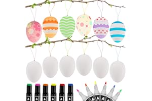 Tundwhite 24 Stück Ostereier Kunststoff,Ostereier zum Aufhängen, Ostereier Bemalen, Oster-Bastelset für Kinder,6 Graffiti Stifte Set,Osterdekoration