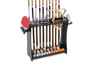 XCSOURCE Pool Stick Holder Floor Stand, 2-in-1 Pool Cue Rack & Ping Pong Paddle Holder, 100% Solid Wood Holds 9 Cues Full Set of Balls, Billiards and Table Tennis Accessories for Man Cave