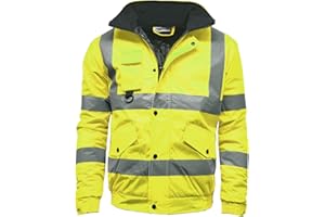 Stormway Mens Hi Vis High Visibility Viz Safety Security Reflective Protective Waterproof Two Tone Windproof Padded Workwear Bomber Jacket With Concealed Hood Orange, Yellow, Black and Contrast.