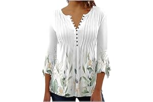SUSENSTONE Chemisier Femme Chic et Élégant Manches 3/4 Tshirt Imprimé Plissé Henley Tshirt Col V Blouse Mousseline de Soie Boheme Haut Manche Courte Tunique Été Plage Travail Tunique Top