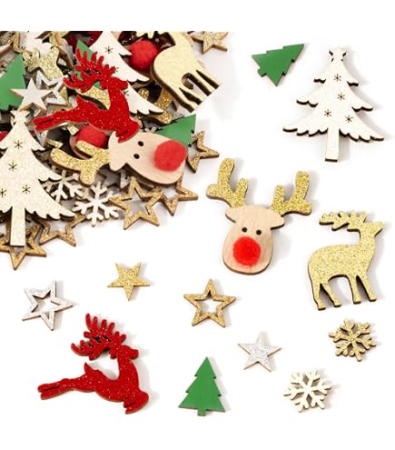 VIKY Weihnachts-Streudeko Aus Holz – 100 Teile Mit Schneeflocken, Rentieren & Weihnachtsbäumen In Rot, Grün, Weiß