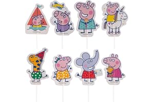 dekora - Peppa Pig – Zestaw 16 topperów na tort i babeczki (8 wzorów) – Papierowe dekoracje z patyczkami plastikowymi spożywczymi 11 cm – Oficjalna licencja – Urodziny dla dzieci