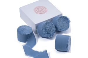 FAKILO Chiffon Ribbon with Handmade Fringe, Dusty Blue Chiffon Ribbon 4 Rolls 1'' X 5 Yd, 20 Yd Chiffon Silk Ribbon for Wedding Invitations, Bridal Bouquets, Gifts Wrapping, DIY Crafts