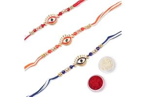 KSJONE 3er-Set Rakhi für Brüder Evil Eye Design Rakhi Traditionelles handgefertigtes Rakhi-Set mit Roli Chawal, indisches festliches Rakshabandhan Bro-Armbandfaden-Rakdi-Rakhee-Geschenkset