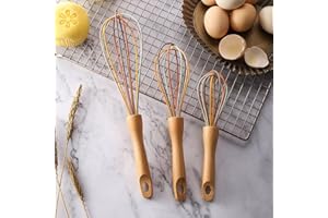 LIN'S WOOD Lot de 3 fouets en silicone avec poignée en hêtre pour mélanger, battre, mousser et mélanger - Multicolore.