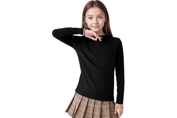 Hoseay Termisk T-shirt för flickor, långärmad varm baslager T-shirt, halv polokrage med volang smal passform undertröja, mjuk ledig skoltröja för flickor 7–13 år