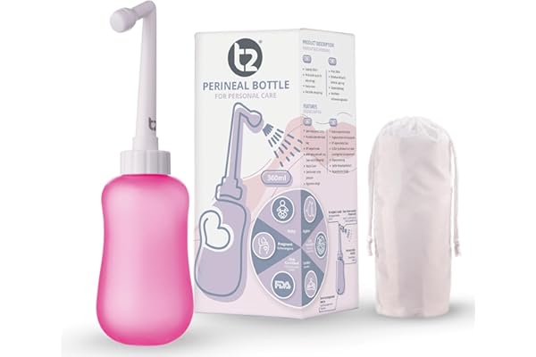 T2 Bouteille Périnéale - Bidet Portable Post-partum, Soulage Douleurs Périnée - Bouteille Compressible 360ml, Embout Coudé 60°, Sac Rangement Lavable - Trousse Maternité, Cadeaux pour Maman