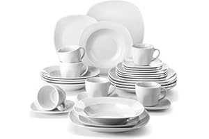 MALACASA Dinner Sets, 30-Piece Plate Set with 6-Piece Dinner Plate/Soup Plate/Dessert Plate/Cup/Saucer, Light Grey White Porcelain Tableware, Service for 6, Series Elisa