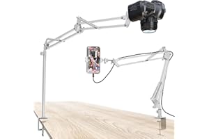 CACENCAN Überkopf-Kamera-Halterung, 2,3 kg horizontale Tragkraft, 360° verstellbarer Ständer für Schreibtisch, flexibel mit Telefonklemme, Tischhalterung für DSLR-Kamera/Webcam/Mikrofon (weiß)