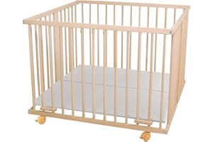 WALDIN BABY COLLECTION WALDIN - Parc pour bébé - environ 100 x 100 cm, HÊTRE MASSIF, réglable en hauteur, 2 motifs au choix, naturel non traité