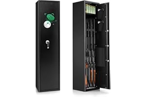 COSTWAY 5 Rifle Gun Cabinet, Biometric Fingerprint Gun Safe with Digital Keypad, Emergency Keys, Alarm System, Built-in Small Cabinet & Storage Pockets, Electronic Shotgun Safe Rifle Security Cabinet
