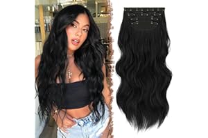FESHFEN Extension Capelli a Clip 4PCS Nero Lunga Clip in Hair Extension Capelli Estensioni Clip Ricci Ondulati Sintetici Posticci Capelli Extension con Clip per Donna 50 cm