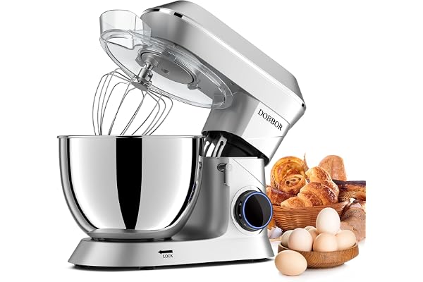 Pâtissier, DOBBOR 1500W Robot Batteur Patisserie avec Fouet, Batteur, Crochet, Bol d'Acier Inoxydable, 7 Vitesses Faible Bruit Patisserie Électrique, Compatible Lave-vaisselle (Silver)
