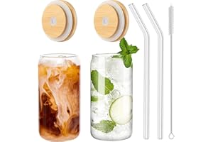 Panngu Bubble Tea Becher mit Deckel und Strohhalm 2er Set, Trinkgläser mit Bambusdeckel und Glasstrohhalm Eiskaffee Gläser für Ice Coffee, Cocktail, Smoothie Glas, Beer, Cold Cups 480ML
