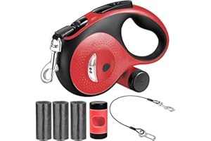 VTOPVMAX Retractable Dog Lead 8m/26FT for Medium/Large Dogs up to 50kg/110lbs - Heavy Duty Extendable Dog Lead with Chew-Proof Cable, LED Light, Poop Bag Dispenser, One-Hand Brake (Red)