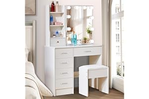 Aovquof Tavolo da toeletta con 10 luci LED regolabili, specchio da trucco con specchio, tavolo da toeletta con 6 cassetti, 3 ripiani aperti per la camera da letto (manico argento)