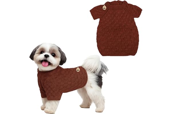 WiggleBoo Shih Tzu Limited Edition Hand Knitted Woolen Dog Sweater Cozy Winter Pullover Stretchable Warm Wool Knit Outfit Soft, Comfortable & Easy to Wear Cold Weather Dog Clothing (Brown)