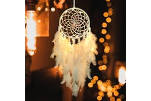 LOMOHOO Atrapasueños LED para decoración de pared, atrapasueños de plumas blancas con luz, hecho a mano, perla, bohemio, tejido, adorno artístico para niños y niñas, para dormitorio, decoración