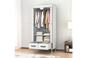 Anmas Power Bedroom Canvas Wardrobe with 2 Drawers, Portable Closet with Hanging Rail and Wardrobe Shelves, 75x45x170cm, Ash White