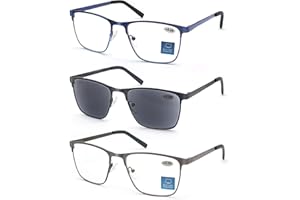 MODFANS Un Pack de 3 Gafas de Lectura Hombres Anti Luz Azul,Rectangular Metal Acero Inoxidable - Lente Clara,Vision Clara - Ligeras Comodas,Colores Mezclados