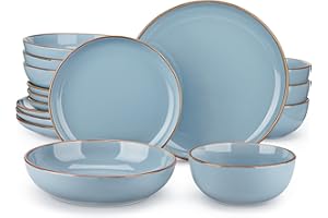 vancasso Nymph Blue Dinner Set - 16-Piece Color Glaze Crockery with 10.5in Dinner Plate, 8in Salad Plate, 1340ml Pasta Bowl and 800ml Cereal Bowl