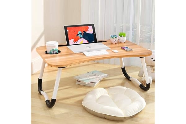 TEKCOOL Study Table Foldable Wooden Laptop Bed Tray Table, Multifunction Lap Tablet Desk with Cup Holder, Perfect for Eating