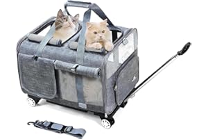 BEAUTYMONKEY.K Transportín Doble para 2 Gatos con Ruedas - 2 Compartimentos Independientes,Base Extraíble y Correas de Seguridad - Transpirable - Ideal Viajes en Coche
