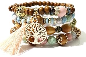 SHUBEIEUMI 4 Sets Braccialetti Perline, Braccialetti con Perline di legno con Nappe, Braccialetti in Stile Bohémien con Perline per Donne, Braccialetto multistrato di Legno Perline