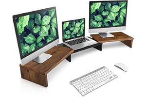 RFIVER Podwójny stojak na monitor na 2 monitory, organizer na biurko, regulowana długość i kąt obrotu, drewniany, wielofunkcyjny oraganizator do laptopa, komputera, drukarki, brązowy