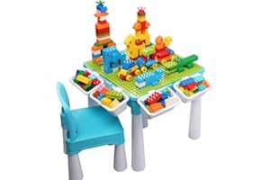 burgkidz Tavolo Multi-attività per Bambini 5 in 1-128 pezzi di Grandi Blocchi di Costruzione Giocattoli da Compatibili, Tavolo da Gioco Sabbia e Acqua con Sedia e Contenitore, Blu